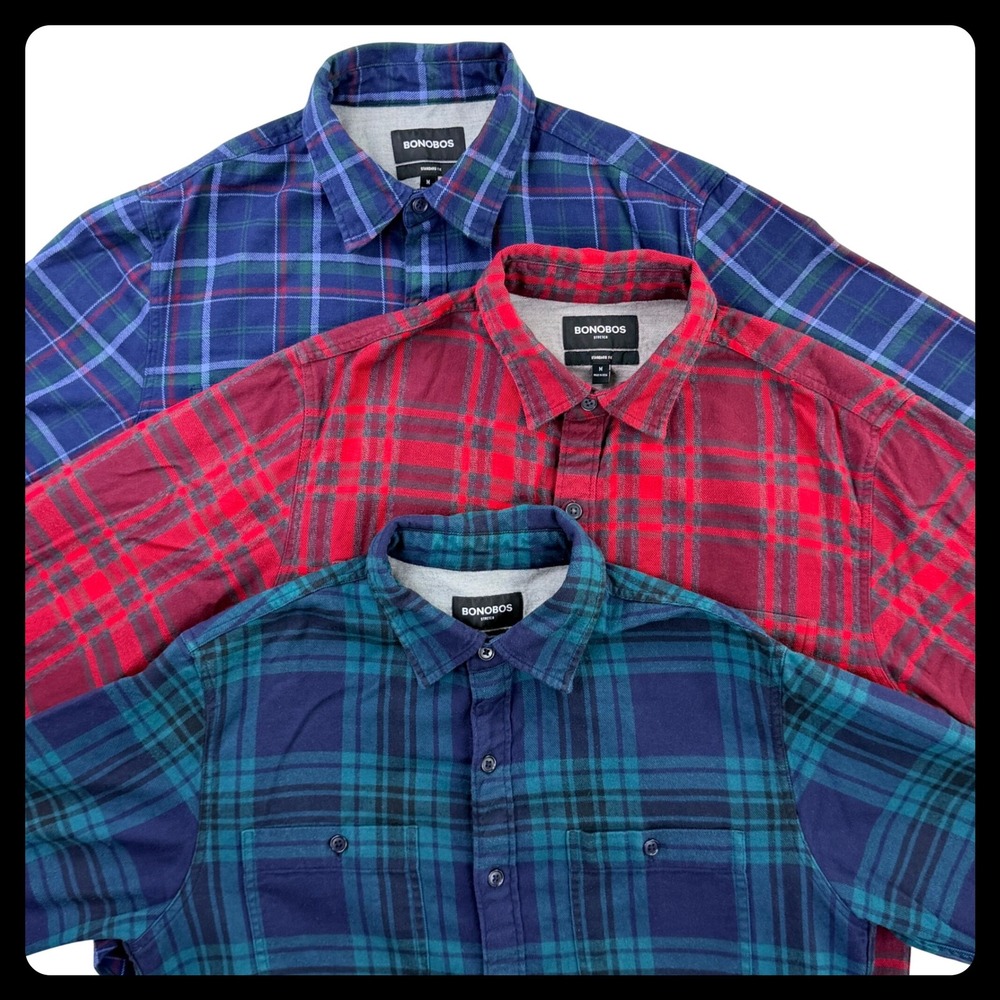 Bonobos Lightweight Flannel Shirt SET OF 3 Men Medium Plaid Stretch Work Pockets